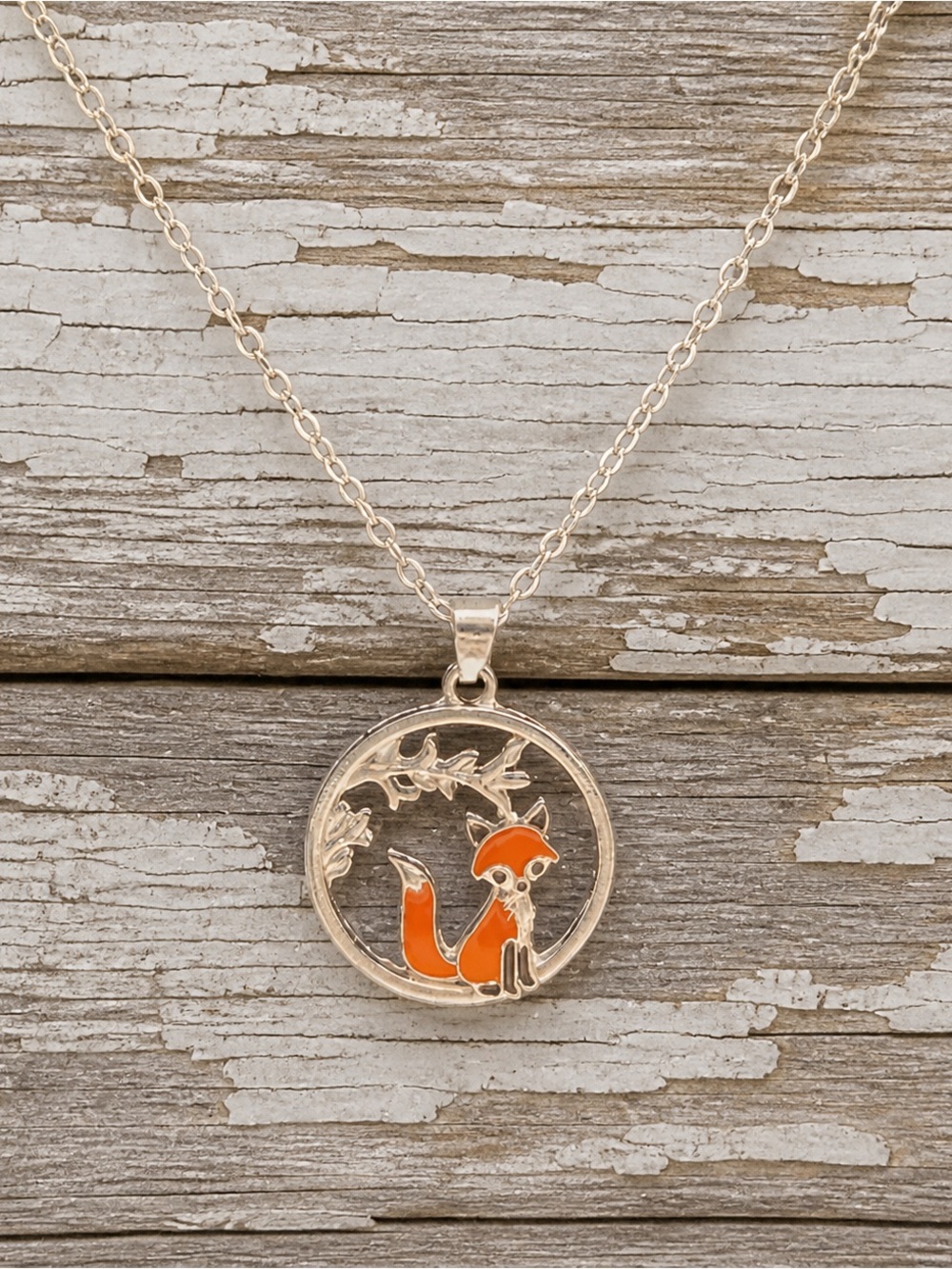 Silver Fox Pendant Necklace with Orange Enamel Accent